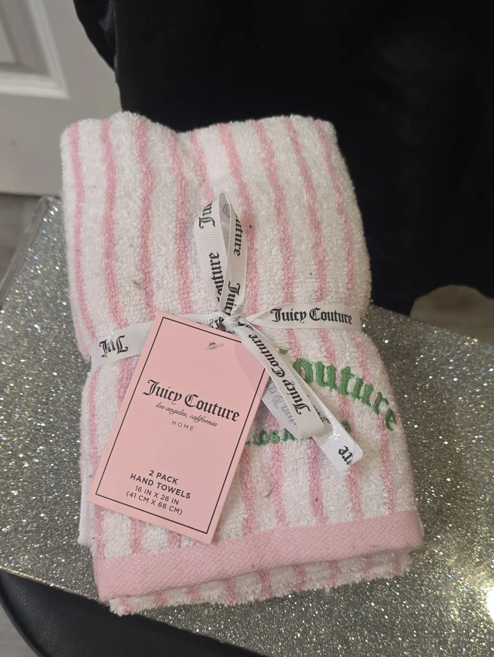 Juicy Couture Home Pink & White Striped Logo Hand Towel Set